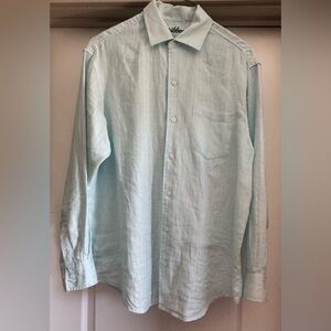 Men’s M Linen Blend Caribbean Shirt Blue Green Button LS Casual Resort Vacation